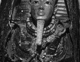 Image of gold mask of king within coffin