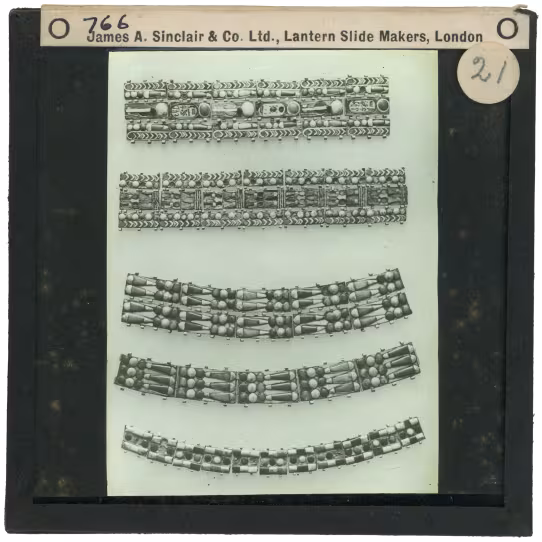Image of lantern slide of five beaded straps