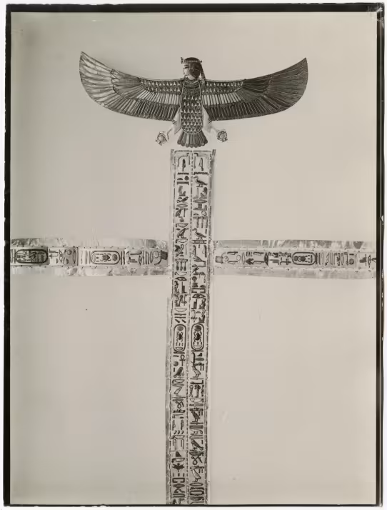 Image of print of straps and outstretched bird ornament