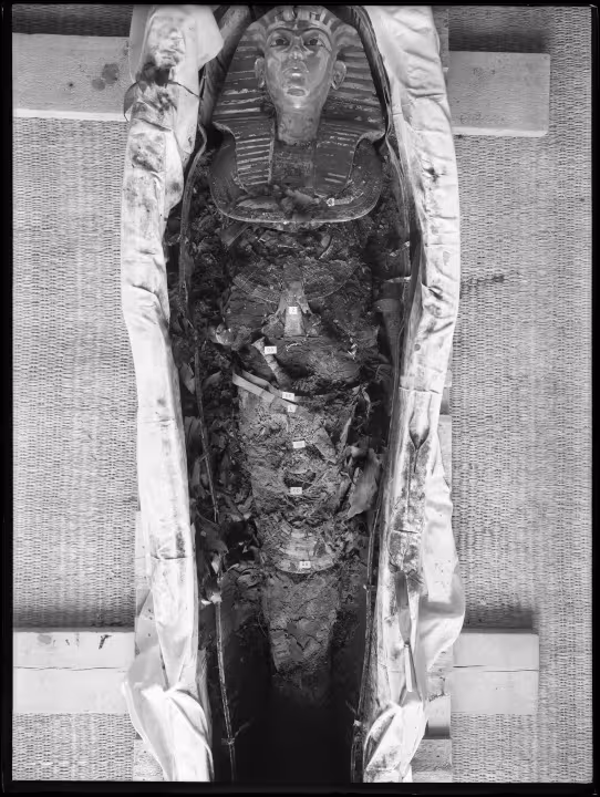 Image of a negative of the king's mummy lying in coffin and wearing gold mask, showing assorted objects found within the wrappings