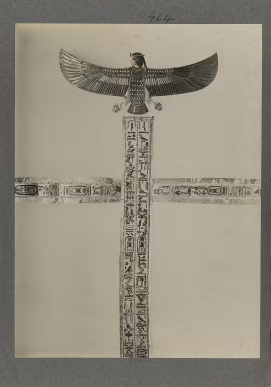 image of the external trappings of the king's mummy, including a ba-bird pectoral and straps, from Burton's album
