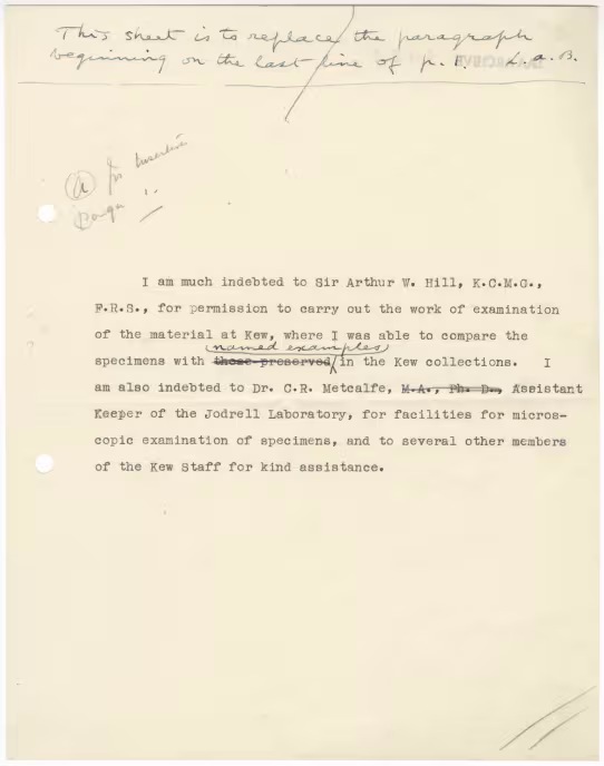 Typed notes on paper with annotations in pencil