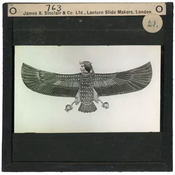 Image of lantern slide of human-headed bird ornament