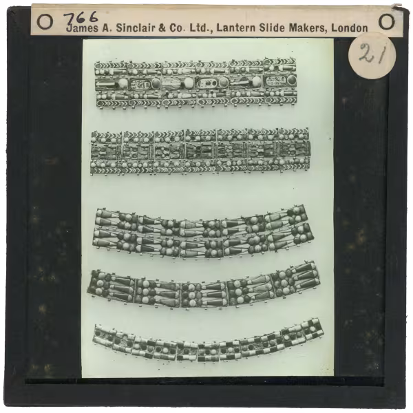 Image of lantern slide of five beaded straps