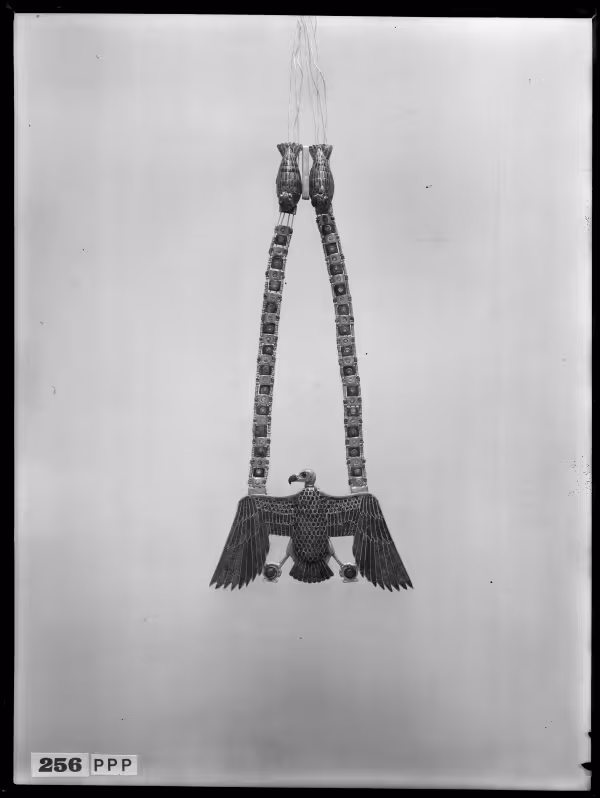Image of negative of pectoral with vulture centrepiece and clasps in the shape of birds