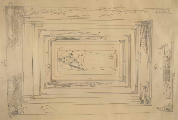 Final plan of the Burial chamber recording all of the objects in situ with their assigned numbers