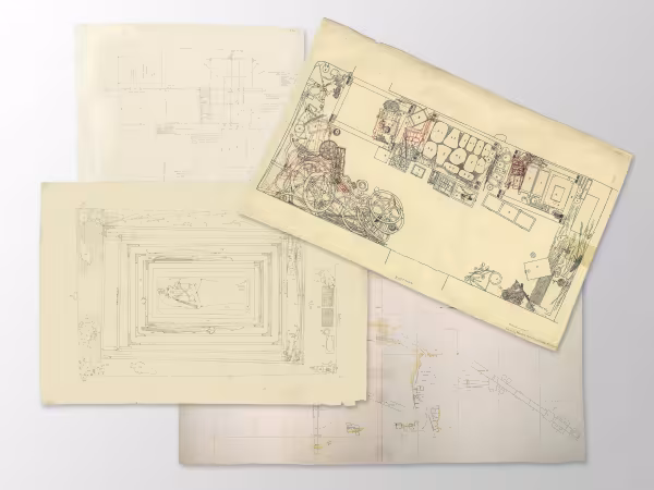 stage composite image of maps, plans, sketches and drawings