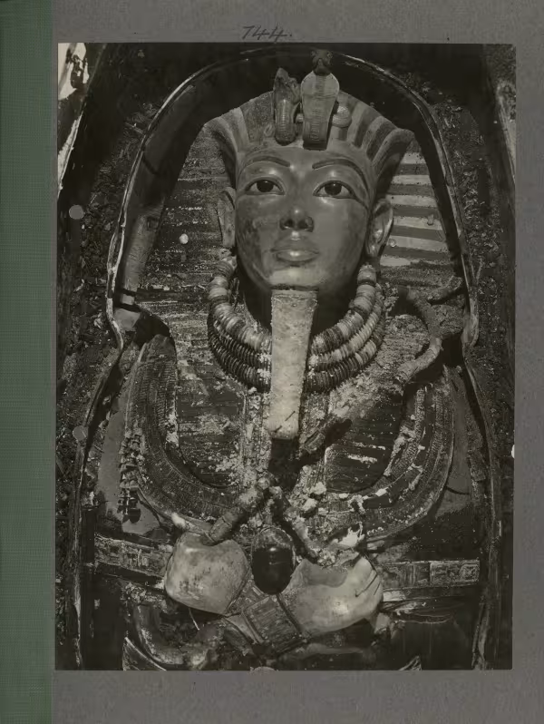 image of upper half of king's mummy inside coffin from Burton's album