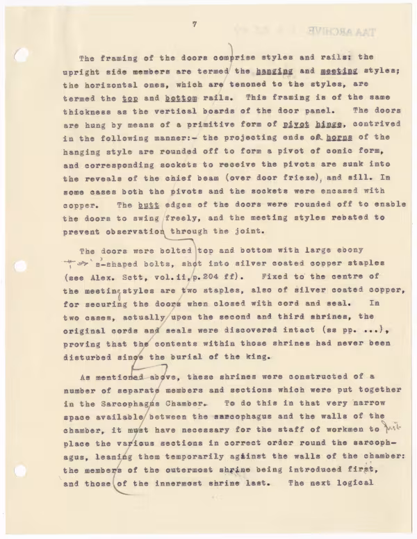 Typed notes on paper with annotations in pencil