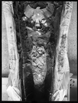 Image of middle part of king's mummy with assorted jewellery within coffin negative