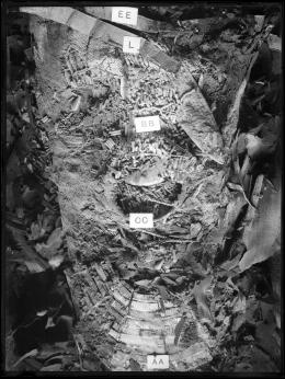 Image of negative of a close up of king's mummy showing objects found in wrappings