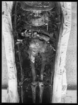 Image of middle of king's mummy showing assorted objects found within wrappings negative