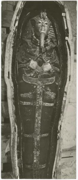 image of photographic print of king's mummy within coffin in object card