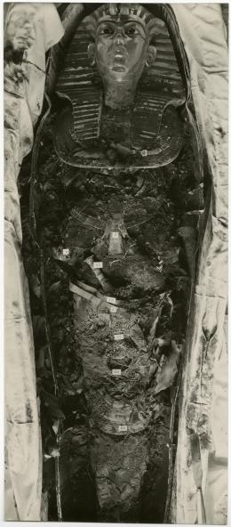 image of photographic print of king's mummy within coffin in object card