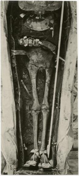 image of photographic print of lower part of king's unwrapped body within coffin in object card