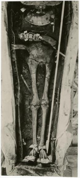 image of photographic print of lower part of king's unwrapped body within coffin in object card
