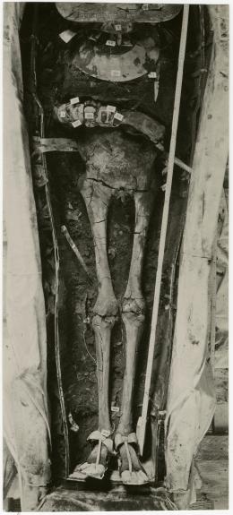 image of photographic print of lower part of king's unwrapped body within coffin in object card