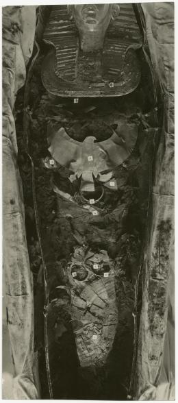 image of photographic print of king's mummy within coffin in object card